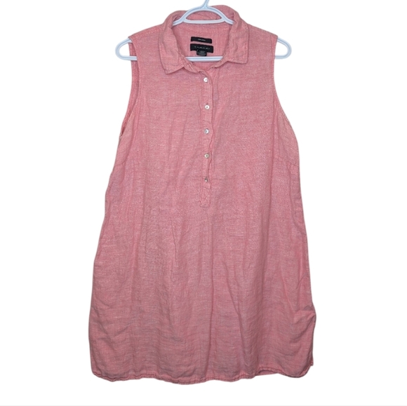 Tahari Women's 1X Plus Size Coral Pink 100% Linen Collared Button Shift Dress - Picture 1 of 5